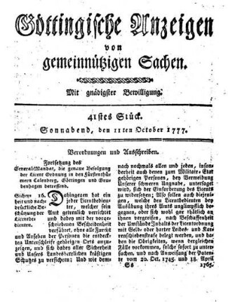 41stes Stück. Sonnabend, den 11ten October 1777.