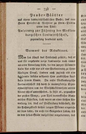 Probe-Blätter aus einem landwirthschaftlichen Buche, das vom Herrn Friedrich Richter zu Klein-Dratow unter dem Titel: Anleitung zur Führung der Mecklenburgischen Landwirthschaft, gegenwärtig bearbeitet wird