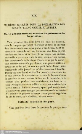 XIX. Matières collées pour préparation des gelées, blanc-manger et autres