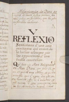 V. Reflexion. Sentiniens d'une ame penitente qui eraint de se laisser tromper par les apparences d'une fausse conversion.