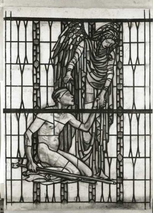 Entwurf zu einem Glasfenster für die Christuskirche in Dresden-Strehlen : Entwurf zu einem Glasfenster für die Christuskirche in Dresden-Strehlen. Kohle auf Karton; 298 x 148,5 cm (1905; O. Gußmann). Dresden, Christuskirche