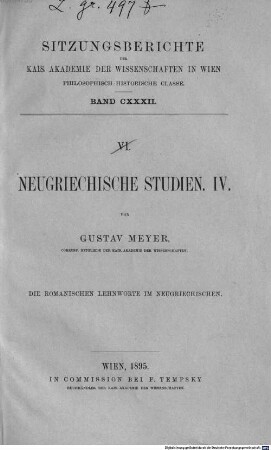 Neugriechische Studien, 4. Die romanischen Lehnworte im Neugriechischen