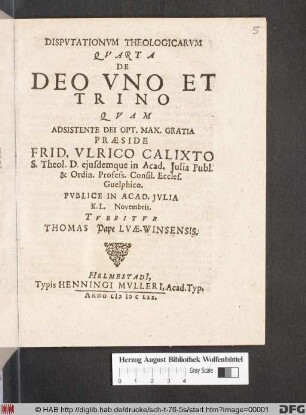 Disputationum Theologicarum Quarta De Deo Uno Et Trino