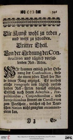 Dritter Theil: Von der Ordnung der Construction und taeglich vorfallenden Red = Arten