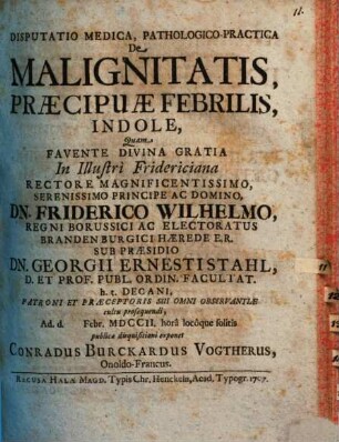 Disputatio medica pathologico-practica de malignitatis, praecipuae febrilis, indole