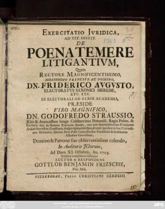 Exercitatio Jvridica, Ad Tit. Instit. De Poena Temere Litigantivm