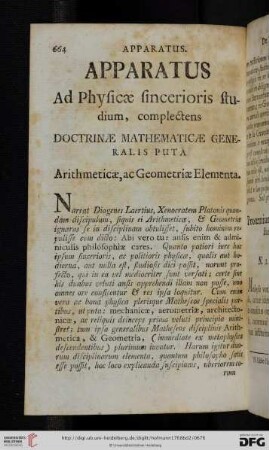 Apparatus ad Physicae sincerioris studium, complectens doctrinae Mathematicae generalis puta Arithmeticae, ac Geometriae Elementa