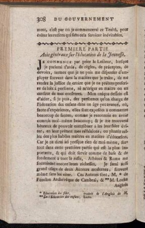 Premiere Partie. Avis généraux l'éducation de la Jeunesse.