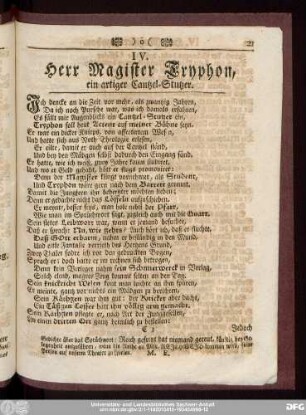 IV. Herr Magister Tryphon, ein artiger Cantzel-Stutzer.