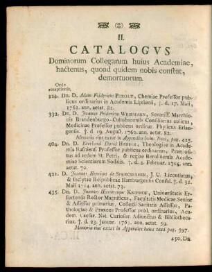 II. Catalogus Dominorum Collegarum huius Academiae, hactenus, quoad quidem nobis constat, demortuorum.