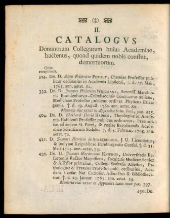 II. Catalogus Dominorum Collegarum huius Academiae, hactenus, quoad quidem nobis constat, demortuorum.