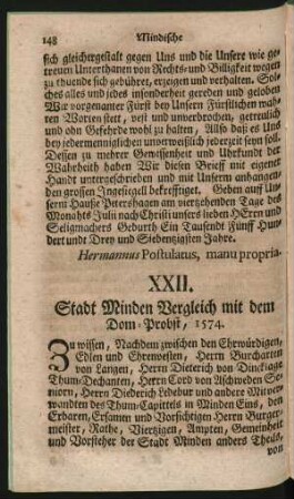 XXII. Stadt Minden Vergleich mit dem Dom-Probst, 1574.