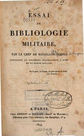 Essai de Bibliologie Militaire