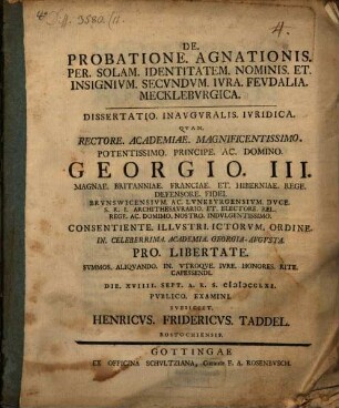 De probatione agnationis per solam identitatem nominis et insignium secundum iura feudalia Meckleburgica : diss. inaug. iur.