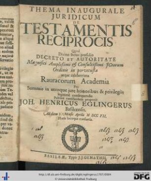 Thema Inaugurale Juridicum De Testamentis Reciprocis