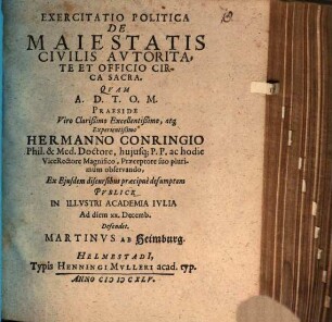 Exercitatio Politica De Maiestatis Civilis Autoritate Et Officio Circa Sacra