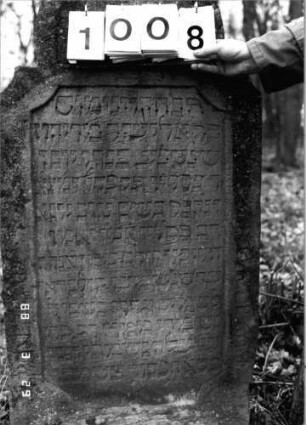 Grabstein 1008 (Index: 99902677) Material: Sandstein Maße HxBxT: 124x62x11 cm Besonderheit: kulturhistorisch wertvoll / künstl.-formale Gründe: Grabstein 1008 (Nachholaufnahme 1)