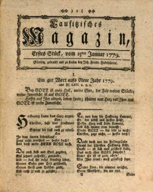 Lausitzisches Magazin oder Sammlung verschiedener Abhandlungen und Nachrichten zum Behuf der Natur-, Kunst-, Welt- und Vaterlandsgeschichte, der Sitten, und der schönen Wissenschaften. 12. 1779