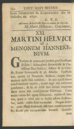 XXI. Martini Helvici ad Menonem Hannekenium