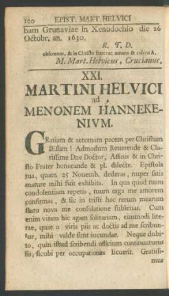 XXI. Martini Helvici ad Menonem Hannekenium