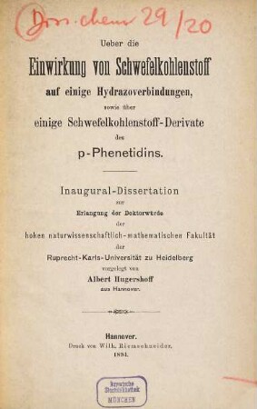 Über die Einwirkung von Schwefelkohlenstoff auf einige Hydrazoverbindungen sowie über einige Schwefelkohlenstoff-Derivate des p-Phenetidins