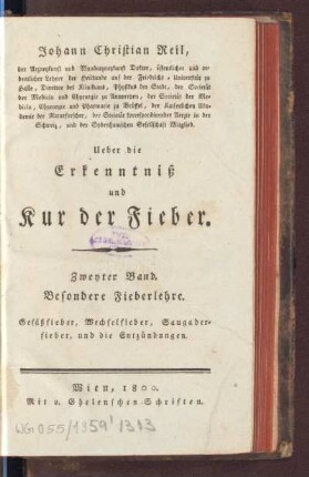 2: Ueber die Erkenntniß und Kur der Fieber, Zweyter Band, Besondere Fieberlehre