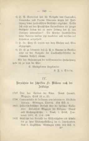 IV. Verzeichnis der Schriften Fr. Wilkens nach der Zeitfolge