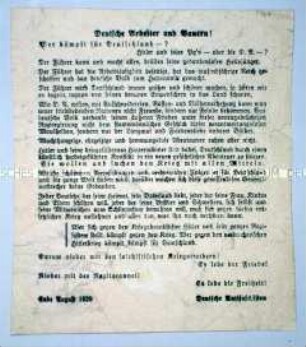 Illegales antifaschistisches Flugblatt mit einer Warnung vor den Kriegsplänen Hitlers