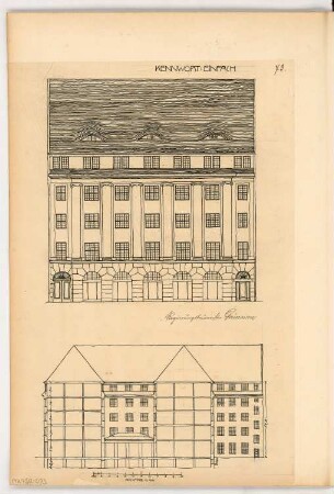 Geschäftshaus mit Büroräumen Monatskonkurrenz Februar 1912: Aufriss Straßenansicht; Längsschnitt 1:100; Maßstabsleiste