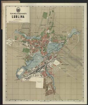 Stadtplan von Lublin, heute Ļubļina, Polen, 1:15 000, Druck, 1931 : Plan wielkiego miasta Lublina / Opracowany przez Biuro Regulacji Magistratu m. Lublina. - 1:15 000. - Lublin : Naklad Polskiego Towarzystwa Krajoznawczego Oddzialu, 1931. - 1 Kt. : mehrfarb. ; 44 x 54 cm + 1 H.: Skorovidz ulic