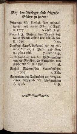 Bey den Verleger sind folgende Bücher zu haben ...