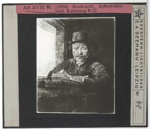 Rembrandt, Selbstbildnis, am Fenster arbeitend (Radierung B022)
