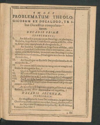 Index Problematum Theologicorum Ex Decalogo, tribus Decadibus comprehensorum.