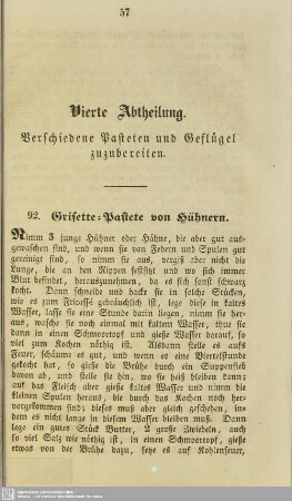 Vierte Abtheilung. Verschiedene Pasteten und Geflügel zuzubereiten