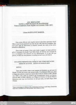 Les Bektachis Dans La République De Macédoine Notes et matériaux d'une enquête sur le terrain (1986-1987) Liliana Mašulović-Marsol
