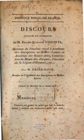 Discours prononcé aux funérailles de M. Ennius-Quirinus Visconti