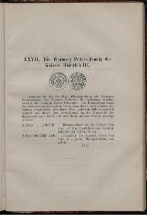 XXVII. Ein Wormser Peterspfennig des Kaisers Heinrich III.