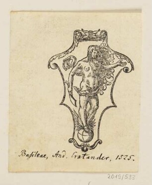 Signet des Andreas Cratander zu Basel, Occasio stehend auf einem Globus, erstmals erschienen in: Johannes Oecolampadius, "In Iesaiam Prophetam Hypomnematon", Basel 1525