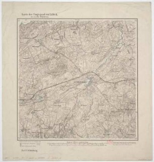 Karte der Umgebung von Lübeck, 1:25 000, Lithographie, 1877 : Karte der Umgegend von Lübeck : in sechs Blättern. - Aufn. 1877, hrsg. 1880. - 1:25 000. - [Berlin] : Königl. Preuss. Landes-Aufnahme , 1880. - 1 Kt. auf 6 Bl. : mehrfarb. ; Blattgr. je 44 x 45 cm. Mit Höhenlinien und Bergstrichen. - Bl. 1 u. d. T.: Curau. - Bl. 2 u. d. T.: Schwartau. - Bl. 3 u. d. T.: Travemünde. - Bl. 4 u. d. T.: Hamberge. - Bl. 5 u. d. T.: Lübeck. - Bl. 6 u. d. T.: Schönberg. - Die Bl. entsprechen d. späteren Meßtischbl. mit d. Nummern 2029-2031 u. 2129-2131