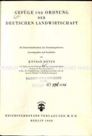 Veröffentlichung Struktur und Ziele der deutschen Landwirtschaft im Dritten Reich