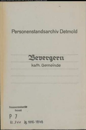 Kirchenbuchduplikat der katholischen Gemeinde Bevergern (GHT 1815-1848). (Gemeinde: Bevergern, katholische Gemeinde)
