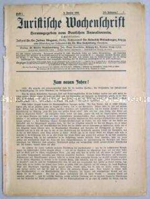 Mitteilungsblatt des Deutschen Anwaltsvereins "Juristische Wochenschrift" mit Vereinsnachrichten zum Jahreswechsel