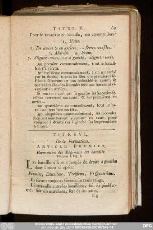 Article Premier. Formation des Régimens en bataille.