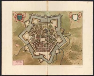 Stadtplan von Hesdin, Frankreich, kolorierter Kupferstich, ca. 1730 : Hesdinum = Hesdin / F. de Wit Excudit. - Amstelodami//Amsterdam : F. de Wit, s.a. [ca. 1730]. - 1 Plan : Kupferstich ; 50 x 39 cm. - NO oben. - Maßstab in graph. Form (Roede). - Titel oben Mitte