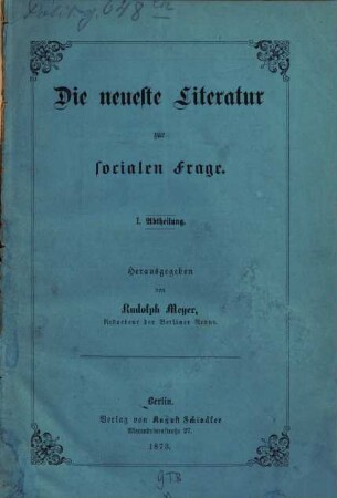 Die neueste Literatur zur socialen Frage, 1