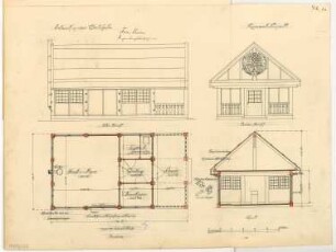 Wartehalle Monatskonkurrenz Februar 1908: Grundriss, Aufriss Vorderansicht, Seitenansicht, Querschnitt 1:50; Maßstabsleiste