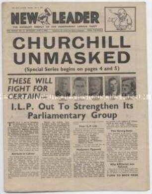Sozialistische Wochenzeitung aus Großbritannien "New Leader" mit dem Auftakt einer Artikelserie über Winston Churchill