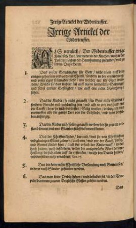 Irrige Artickel der Widerteuffer.