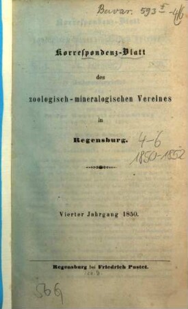 Correspondenzblatt des Zoologisch-Mineralogischen Vereines in Regensburg. 4. 1850