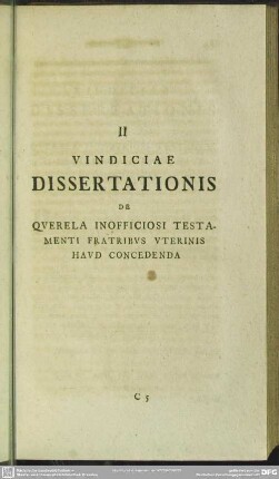 II Vindiciae Dissertationis De Querela Inofficiosi Testamenti Fratribus Uterinis Haud Concedenda